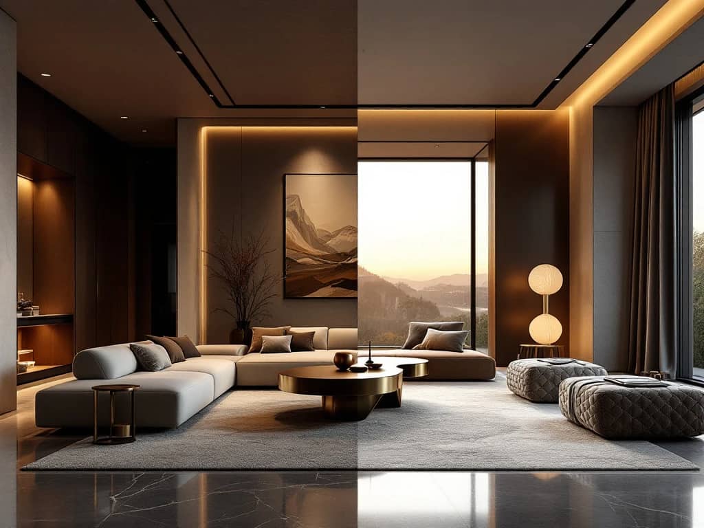 Moderne interieur split-screen toont minimalistische functionaliteit links en luxueuze esthetiek rechts met sculptural salontafel