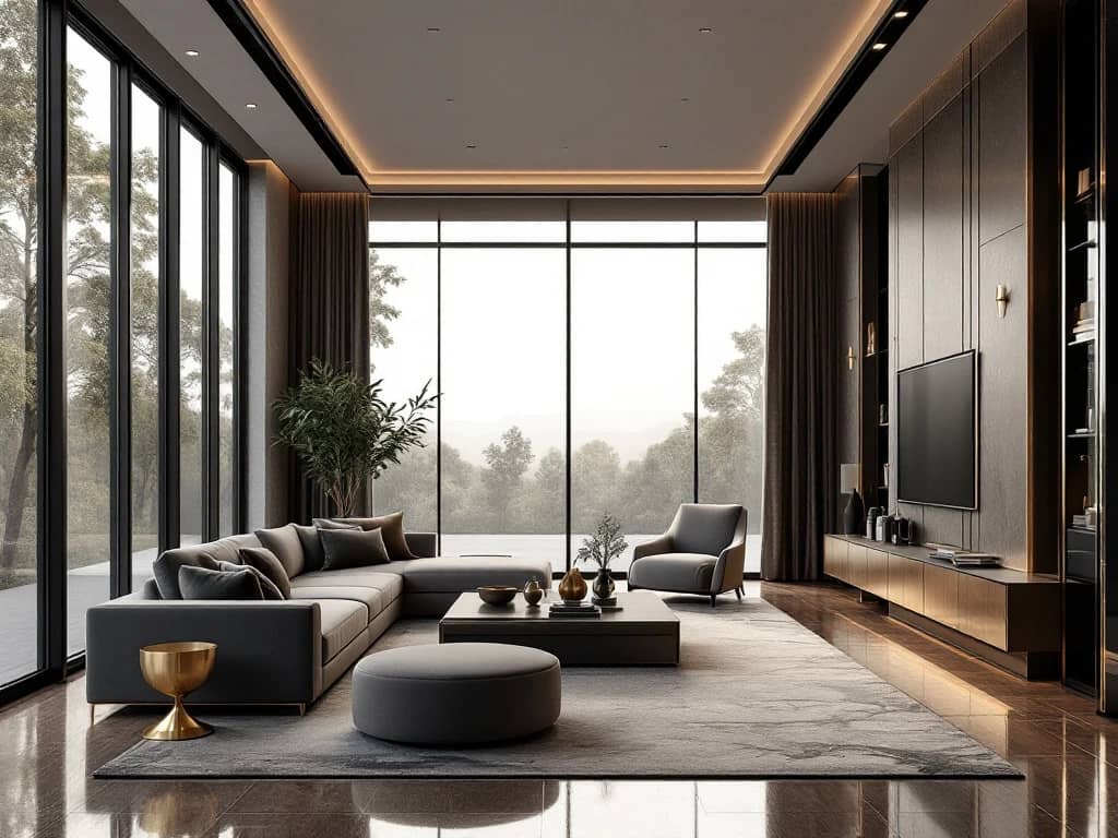 Moderne woonkamer met vloer-tot-plafond ramen, marmeren meubels, stalen accenten en luxe neutrale kleuren