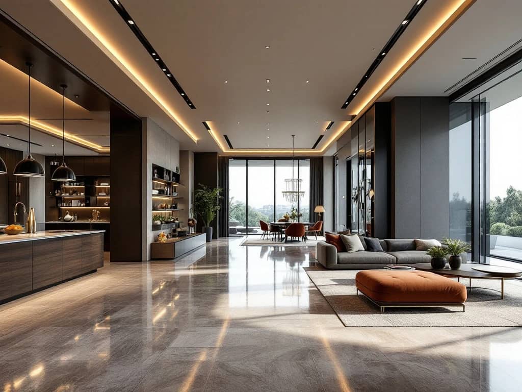 Luxe open woonkamer met vloeiende overgang naar eetkamer, warme neutrale tinten en geïntegreerde verlichting