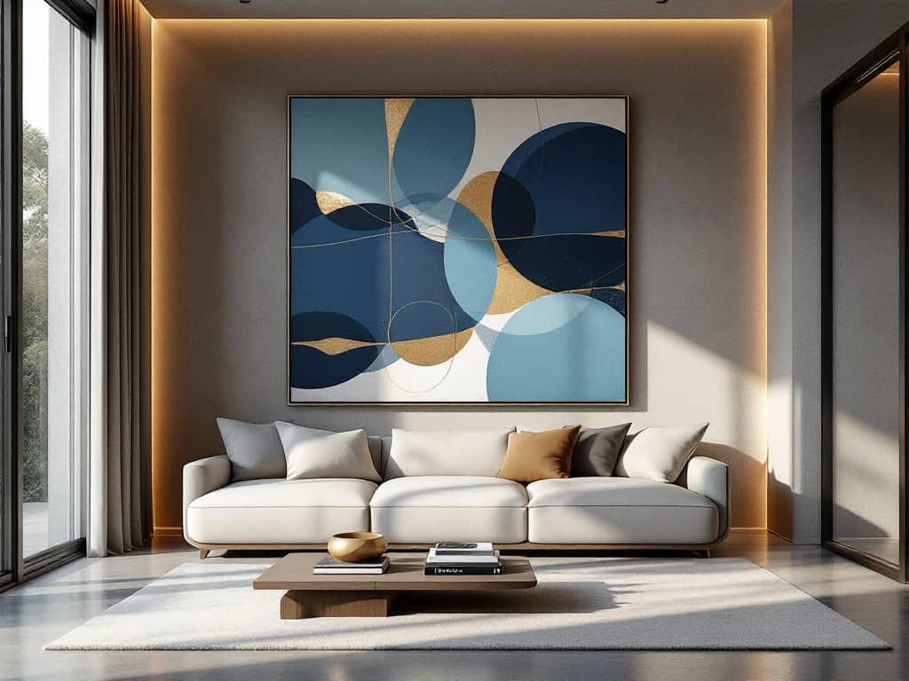 Luxe moderne woonkamer met minimalistische bank, abstract kunstwerk in blauw en goud, en grote ramen met natuurlijk licht