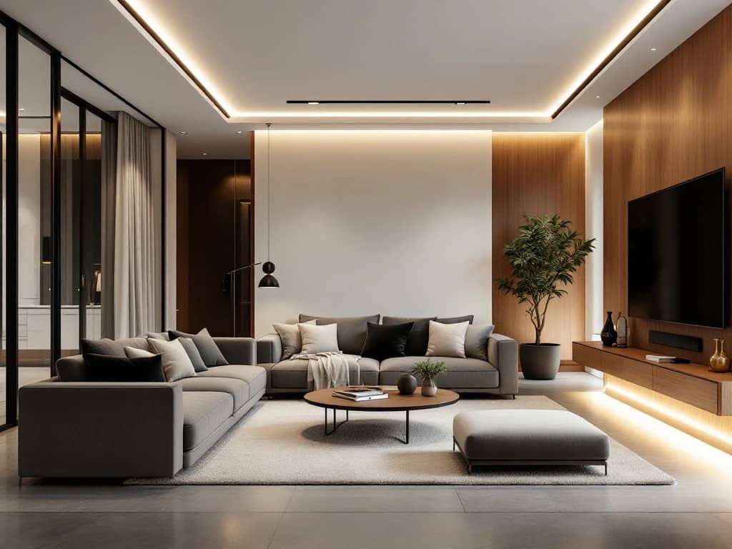 Moderne luxe woonkamer met minimalistische inrichting, donkere meubels, warme verlichting en natuurlijke texturen