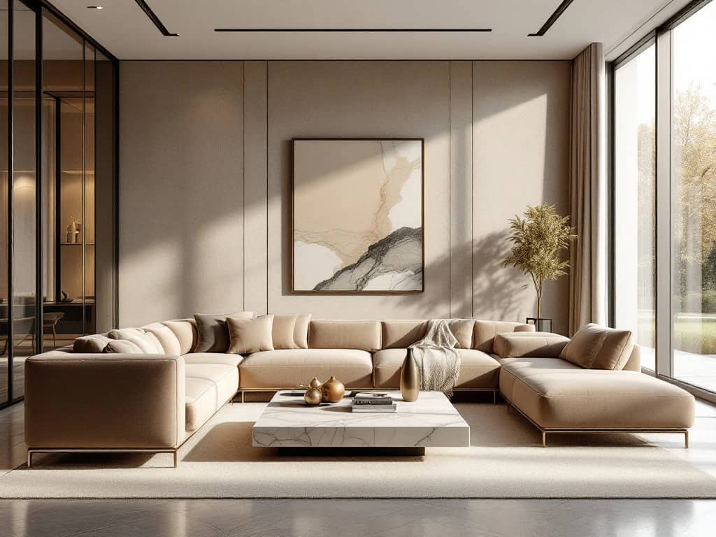 Luxe moderne woonkamer met neutrale kleuren, marmeren salontafel, grote ramen en minimalistische inrichting