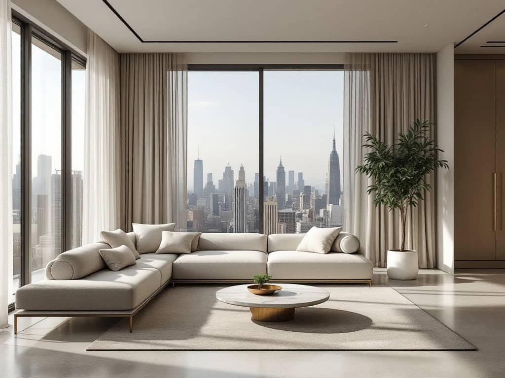 Moderne luxe woonkamer met minimalistische bank, marmeren salontafel en stadsgezicht door grote ramen in neutrale tinten