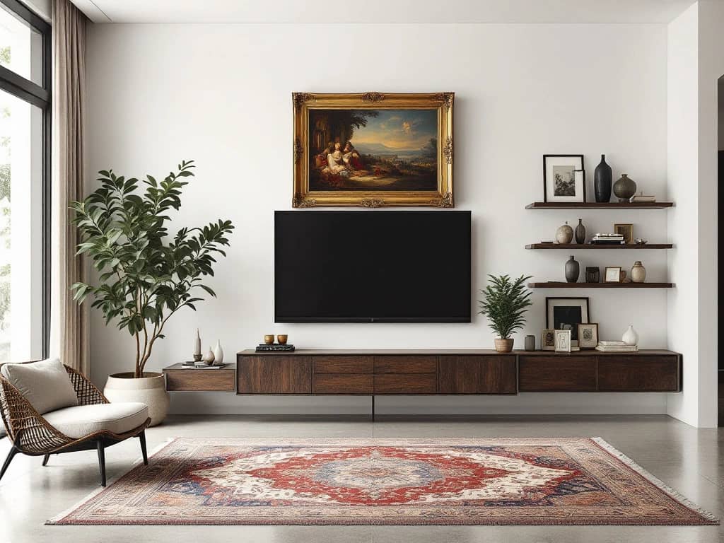 Luxe moderne woonkamer met antieke houten kist onder wandtelevisie, klassiek schilderij en Perzisch tapijt op betonvloer