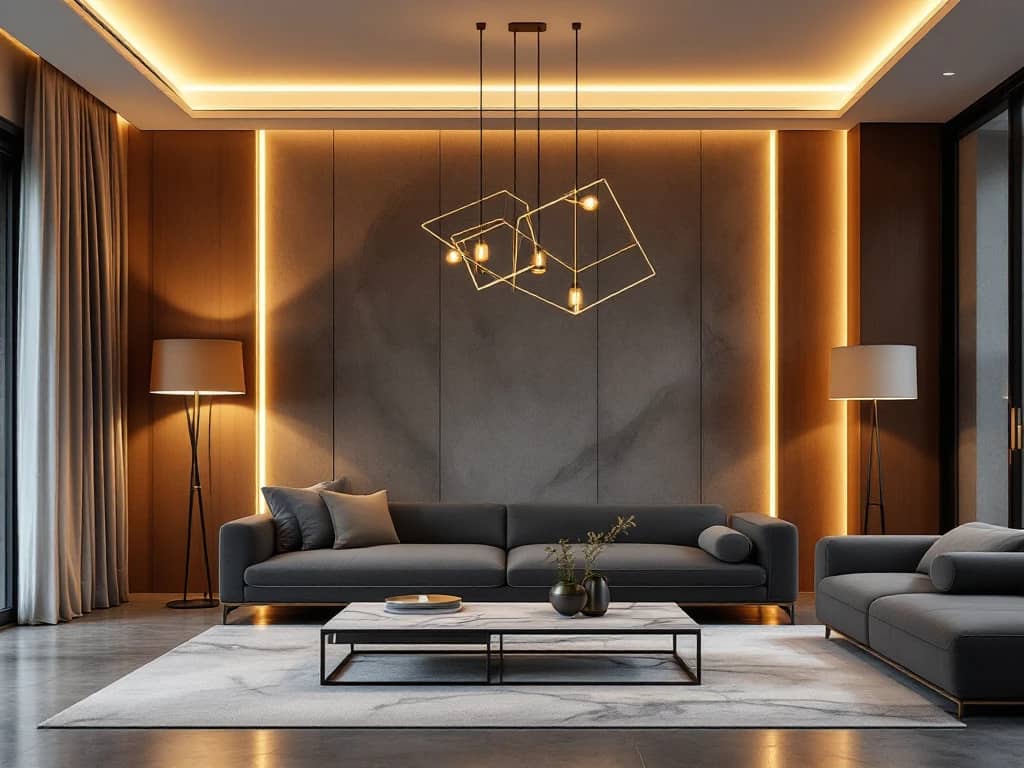 Luxe moderne woonkamer met geometrische messing hanglamp, marmeren salontafel en warme LED-verlichting