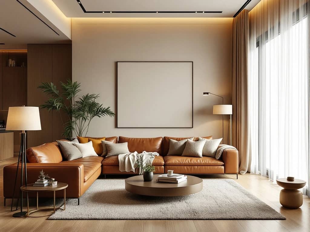 Luxe moderne woonkamer met karamelkleurig leren meubilair, eiken vloer en warme aardtinten in eigentijds interieur