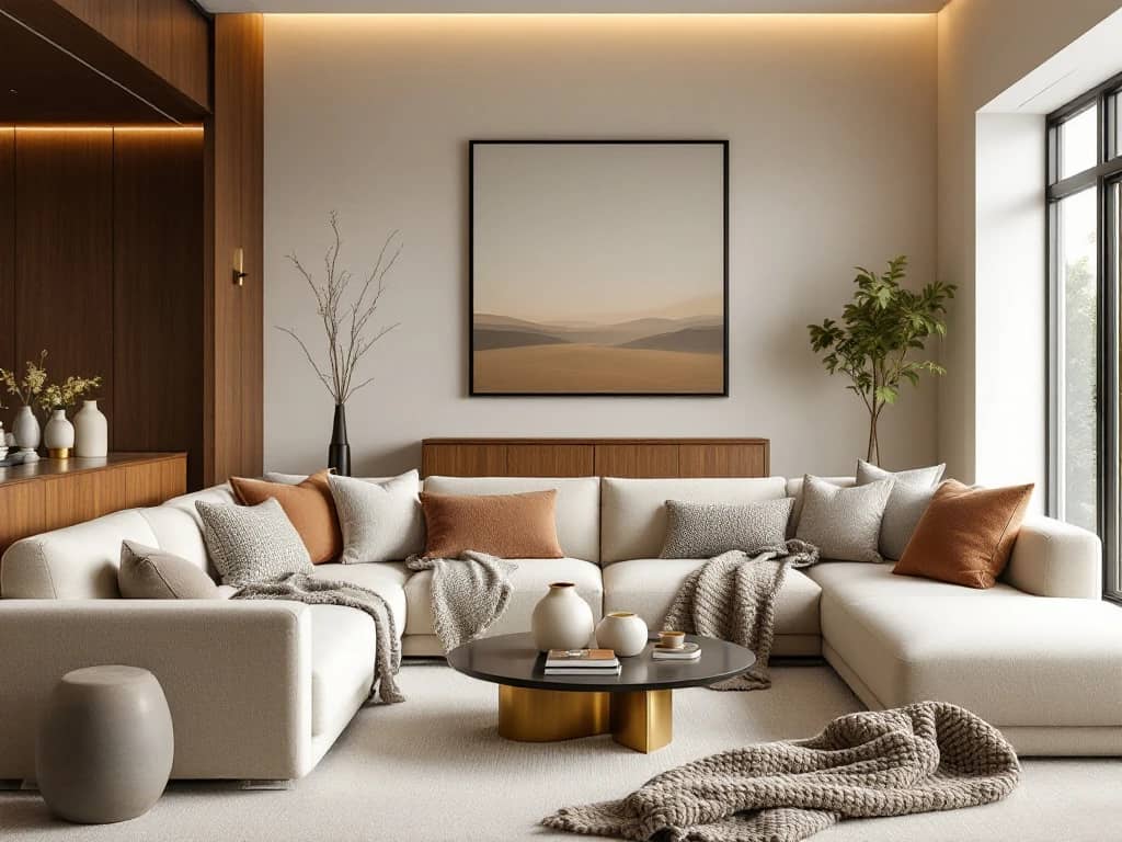 Luxe moderne woonkamer met warme walnotenhouten meubels, crème banken, messing verlichting en aardse texturen