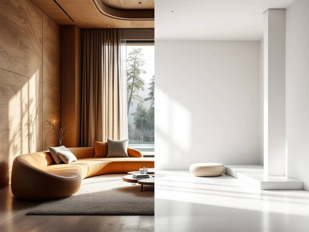 Split-screen vergelijking van warme moderne kamer met houtaccenten versus minimalistische witte ruimte met geometrische lijnen
