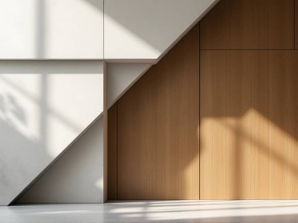 Minimalistische muurafwerking met beton, hout en pleisterwerk in geometrische secties met dramatische belichting