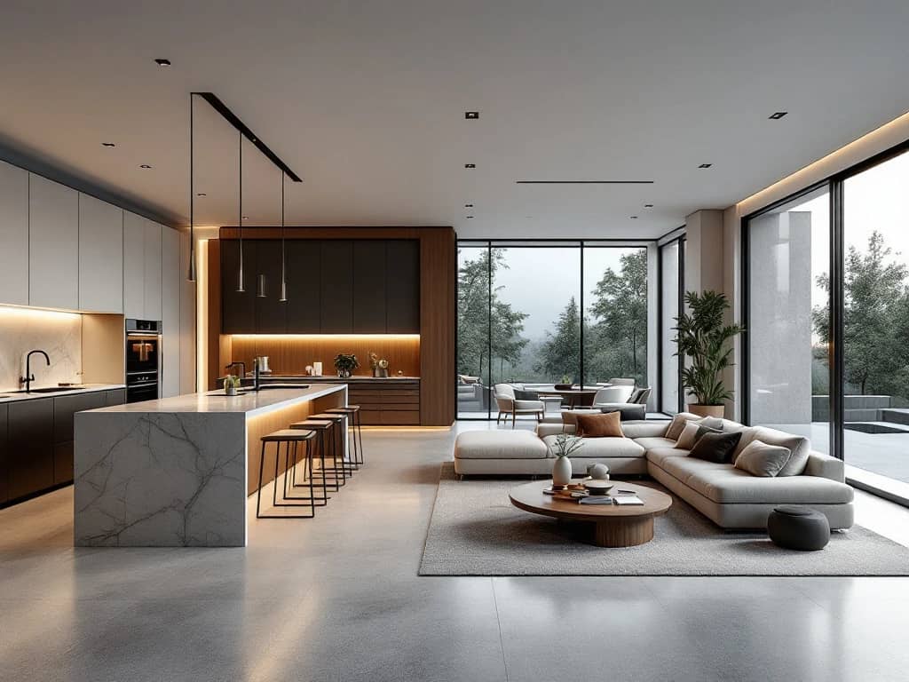 Moderne open woonkamer met minimalistisch meubilair, betonnen vloeren en grote ramen die keuken en lounge verbinden