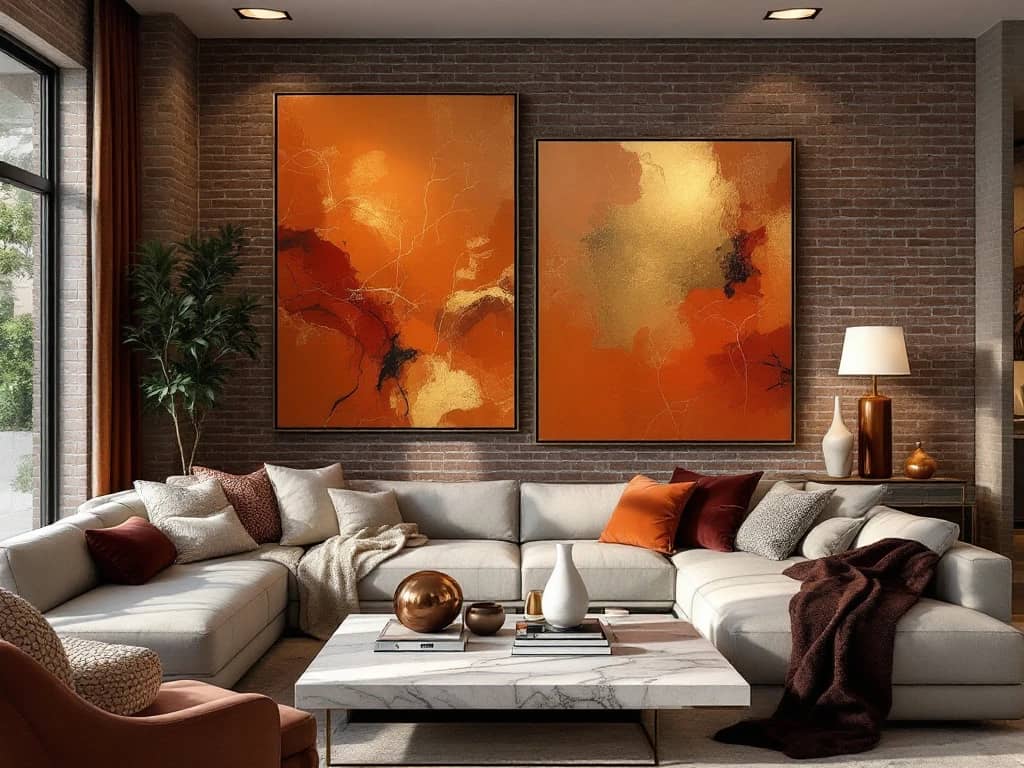 Moderne luxe woonkamer met abstracte schilderijen in terracotta en goud tegen bakstenen muren, marmeren oppervlakken