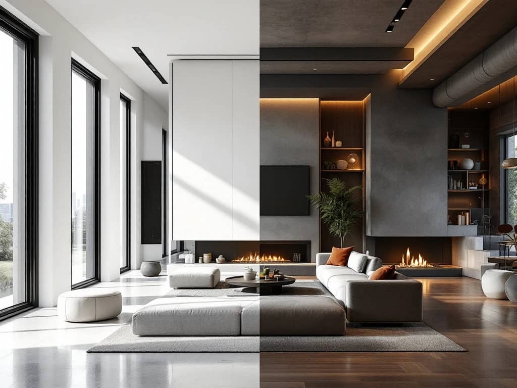 Gesplitst interieur toont modern minimalistisch woonkamer links versus warm hedendaags design rechts met contrasterende stijlen