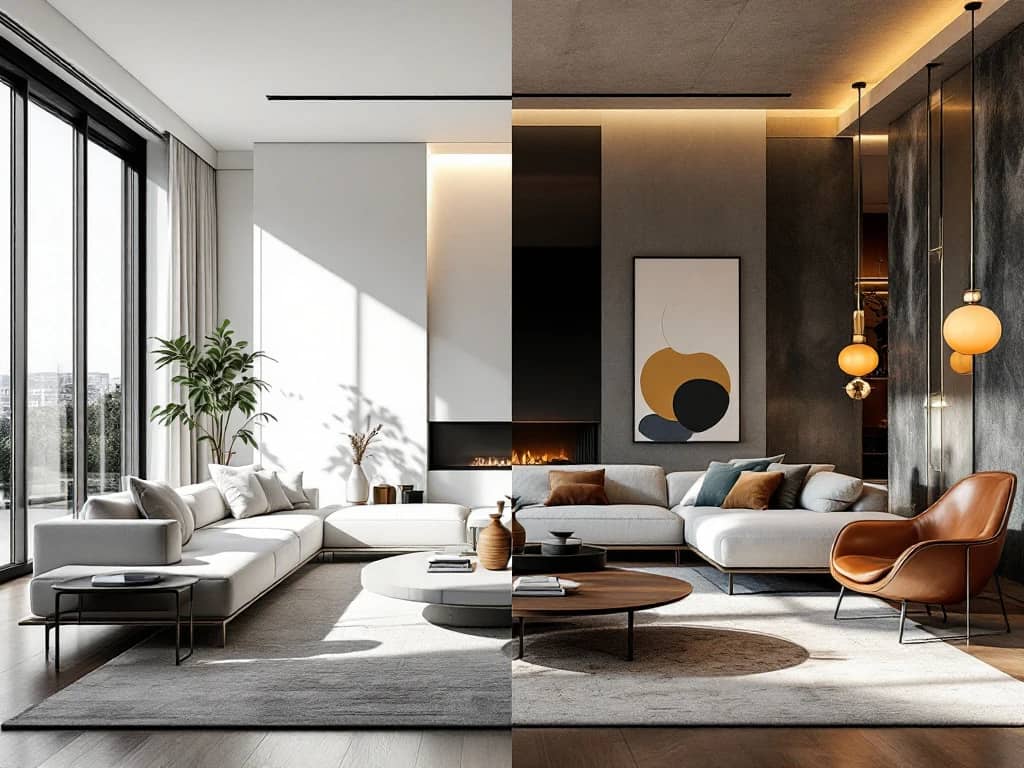 Moderne woonkamer links met minimalistische inrichting naast eigentijdse ruimte rechts met warme houttinten en juweel accenten