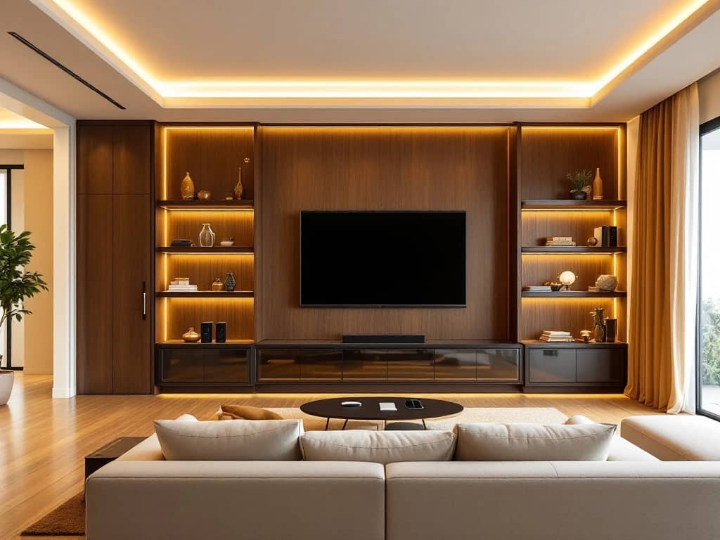 Luxe moderne woonkamer met ingebouwde technologie, walnotenhouten TV-wand, crème bank en warme aardtinten