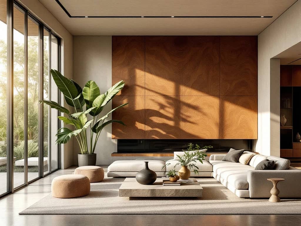 Moderne woonkamer met minimalistische meubels, houten accentmuur, tropische planten en grote ramen met natuurlijk licht