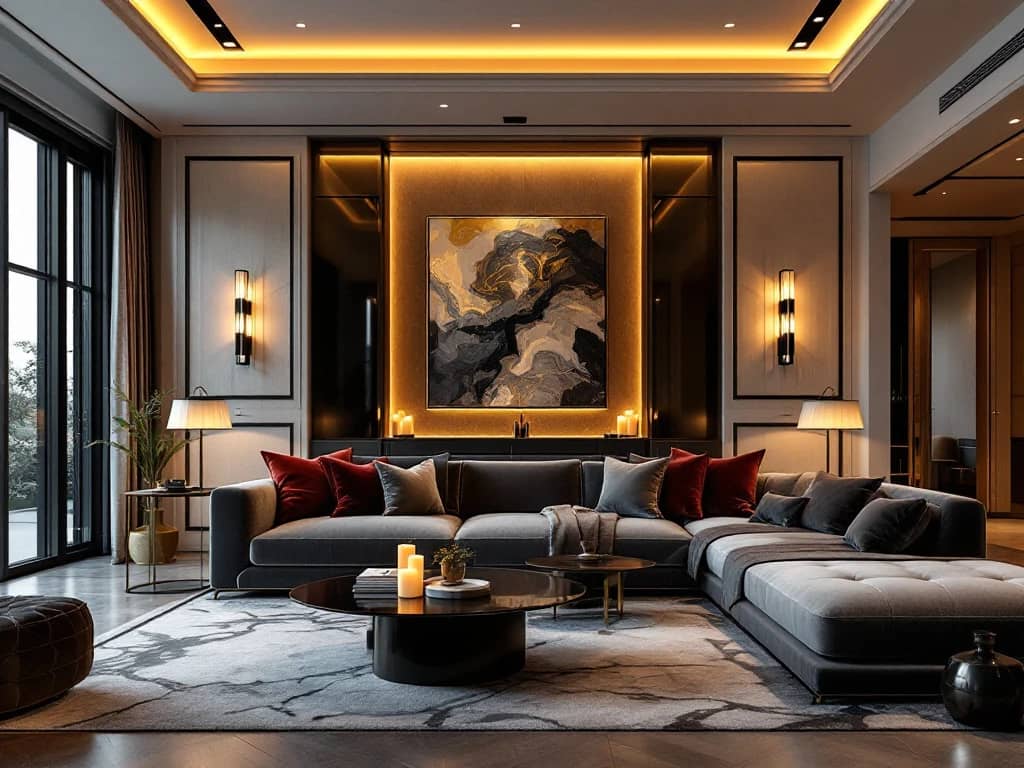 Luxe moderne woonkamer met warme verlichting, fluwelen bank, hangende lampen en gouden accenten in burgundy tinten