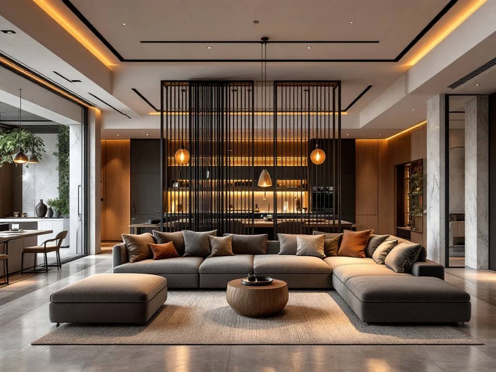 Luxe moderne woonkamer met warme verlichting, pluche bank, natuurlijke materialen en open indeling