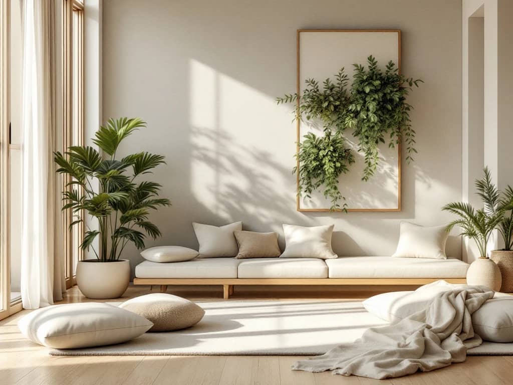 Moderne luxe woonkamer met wellness elementen, natuurlijk licht, meditatiehoek en plantenwand in neutrale tinten