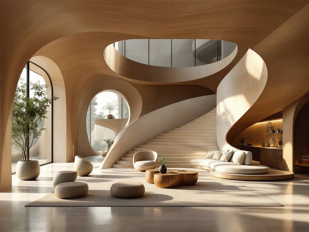 Moderne woonkamer met organische architectuur, gebogen vormen, warme houttinten en natuurlijke verlichting door grote ramen.