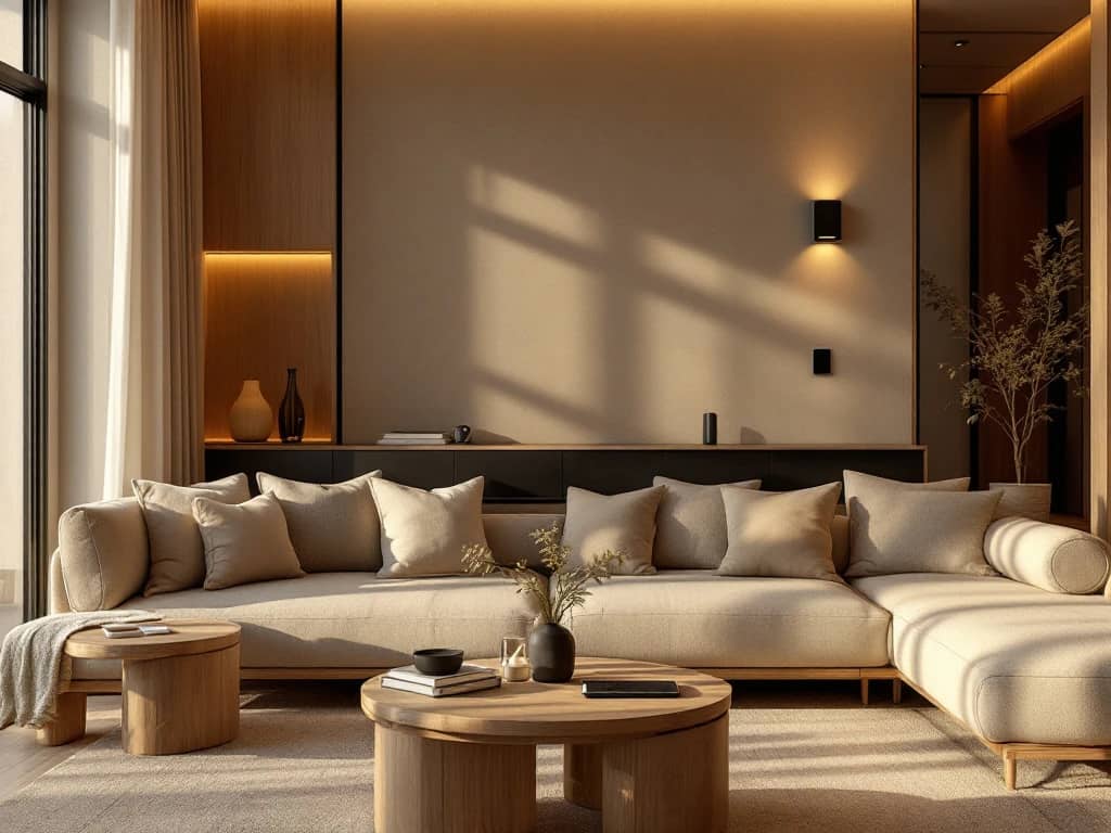 Luxe moderne woonkamer met geïntegreerde smart home technologie, houten meubels en warme LED-verlichting