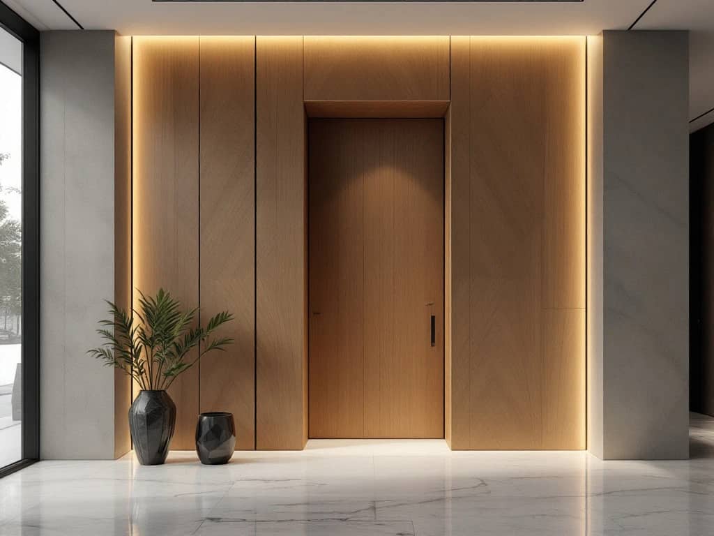 Onzichtbare deur geïntegreerd in luxe houten wandpanelen met warme verlichting in moderne woonkamer
