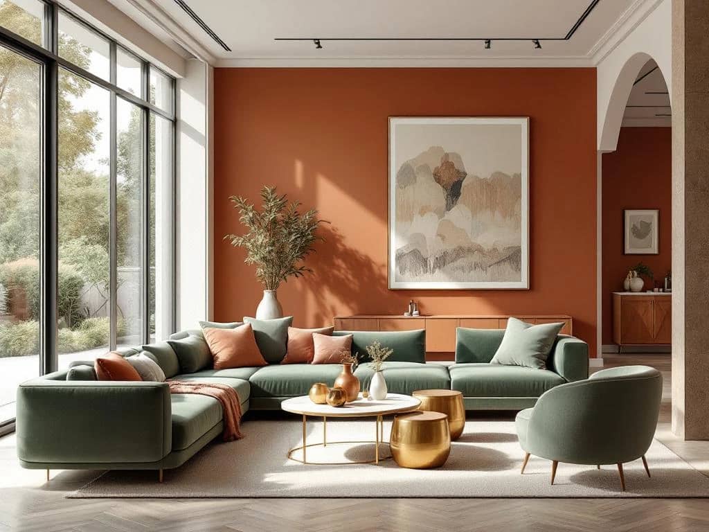 Luxe moderne woonkamer met terracotta muren, sage groene fluwelen meubels en warme messing accenten in 2026 kleuren