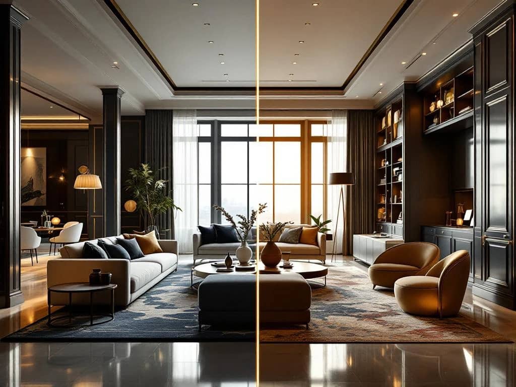 Split-scene interieur toont standaard meubelshowroom links versus luxe maatwerk interieur rechts met warme verlichting