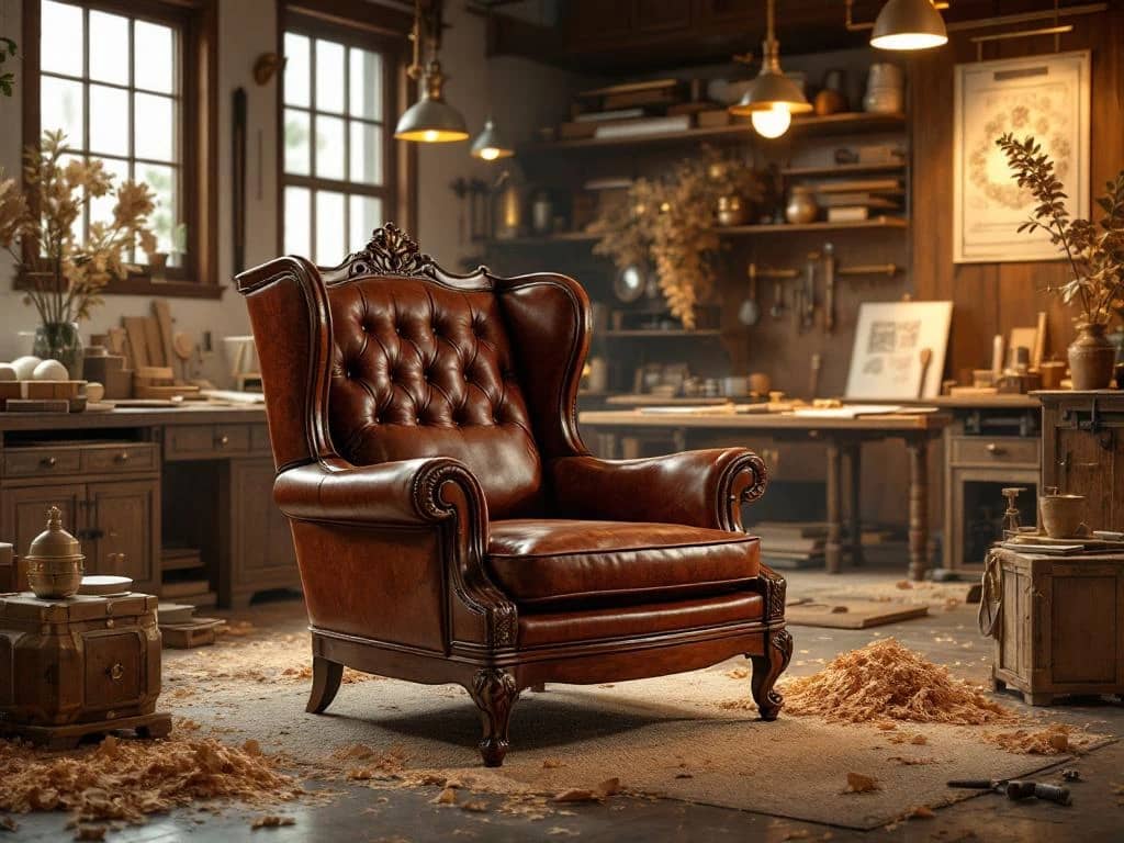 Luxe meubelmakerij met handgemaakte mahoniehout fauteuil, gereedschap en ambachtelijke details in warme verlichting