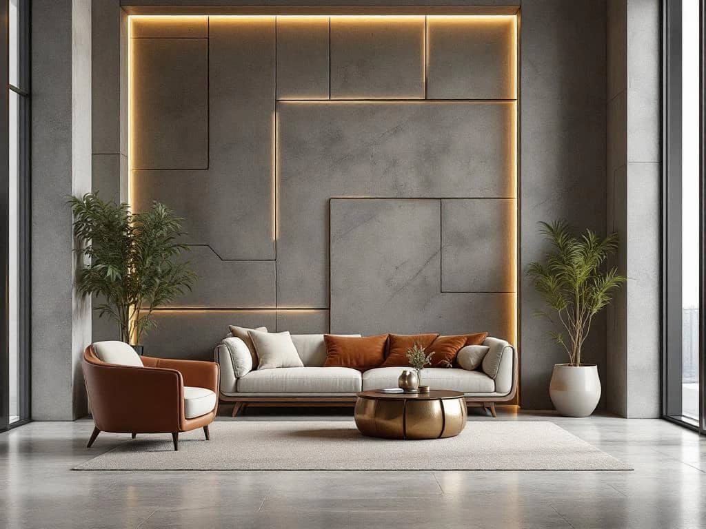 Luxe brutalistisch interieur met betonnen muren, walnotenhouten meubels, bronzen accenten en leren fauteuil