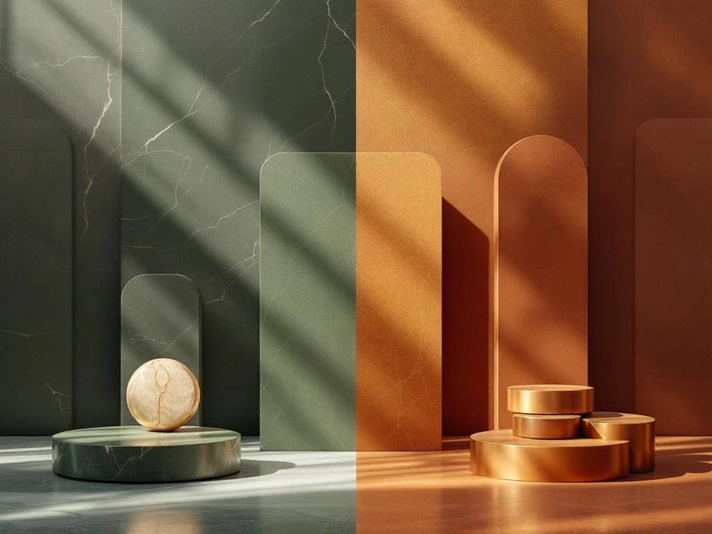 Vergelijking van traditionele materialen zoals hout en marmer met duurzame eco-materialen in split-screen compositie