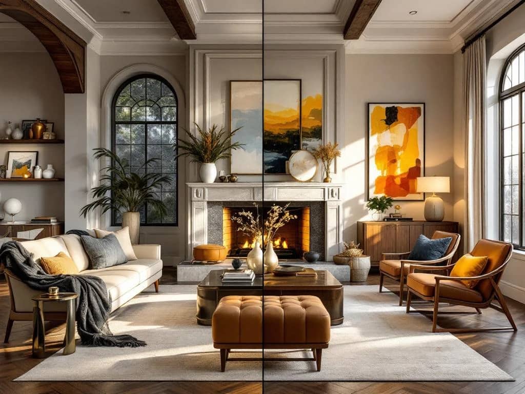 Split-screen interieur met klassieke woonkamer links en moderne trendy versie rechts met levendige accenten