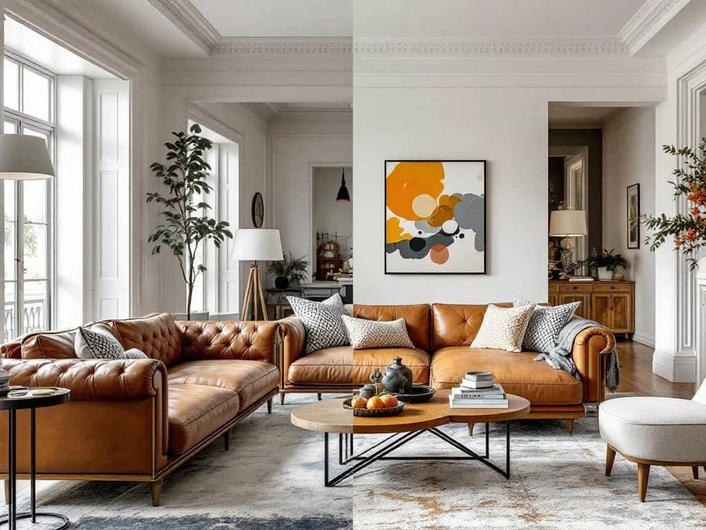 Gesplitst interieur toont klassieke woonkamer met neutrale tinten links, moderne trendy accenten rechts