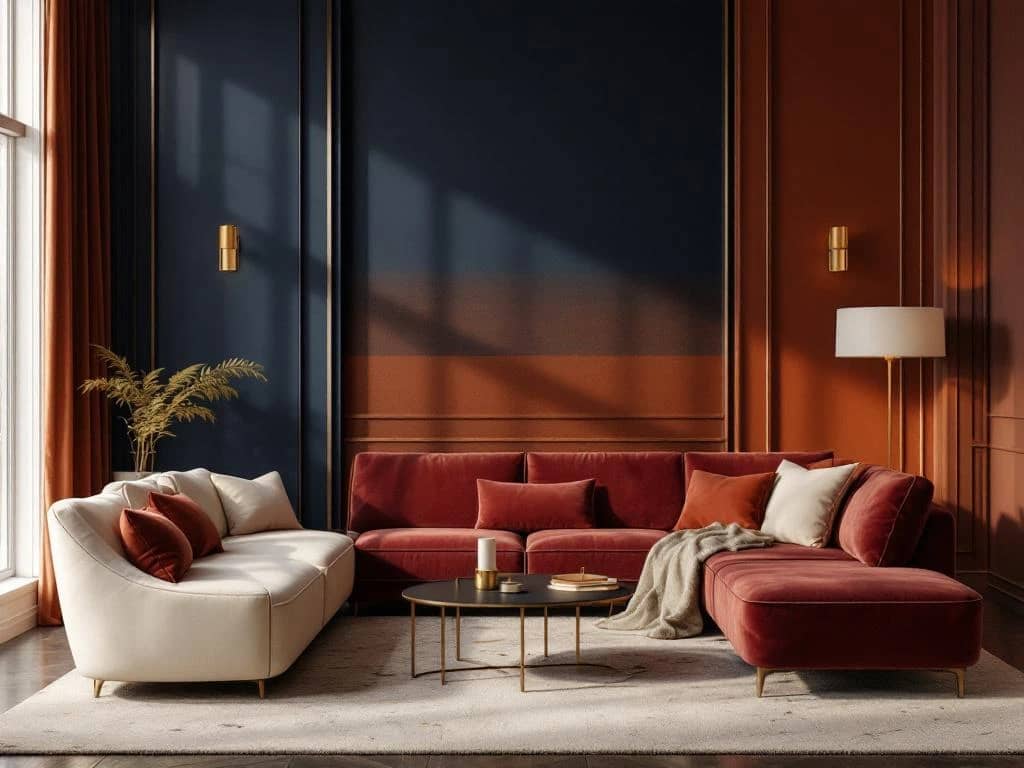 Luxe interieur met donkerblauwe muur, terracotta tinten en crème elementen, bordeaux fluwelen meubels, gouden verlichting