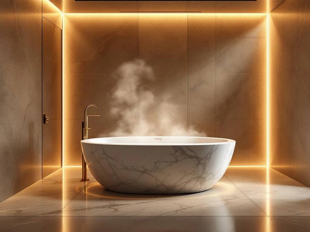 Luxe badkamer met vrijstaand marmeren bad, natuursteen wanden, messing kranen en warme sfeerverlichting