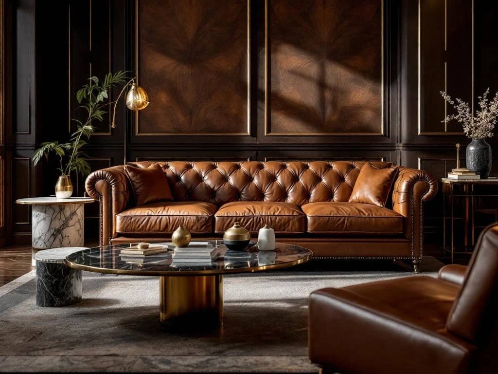 Luxe cognac leren Chesterfield bank en fauteuil in elegante woonkamer met marmeren tafels en warme verlichting