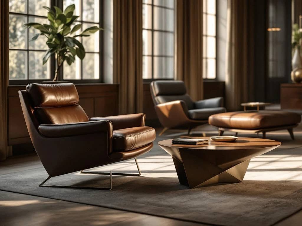 Luxe designmeubelshowroom met mid-century modern stoel, sculptuurkoffietafel en klassieke loungestoel bij ramen