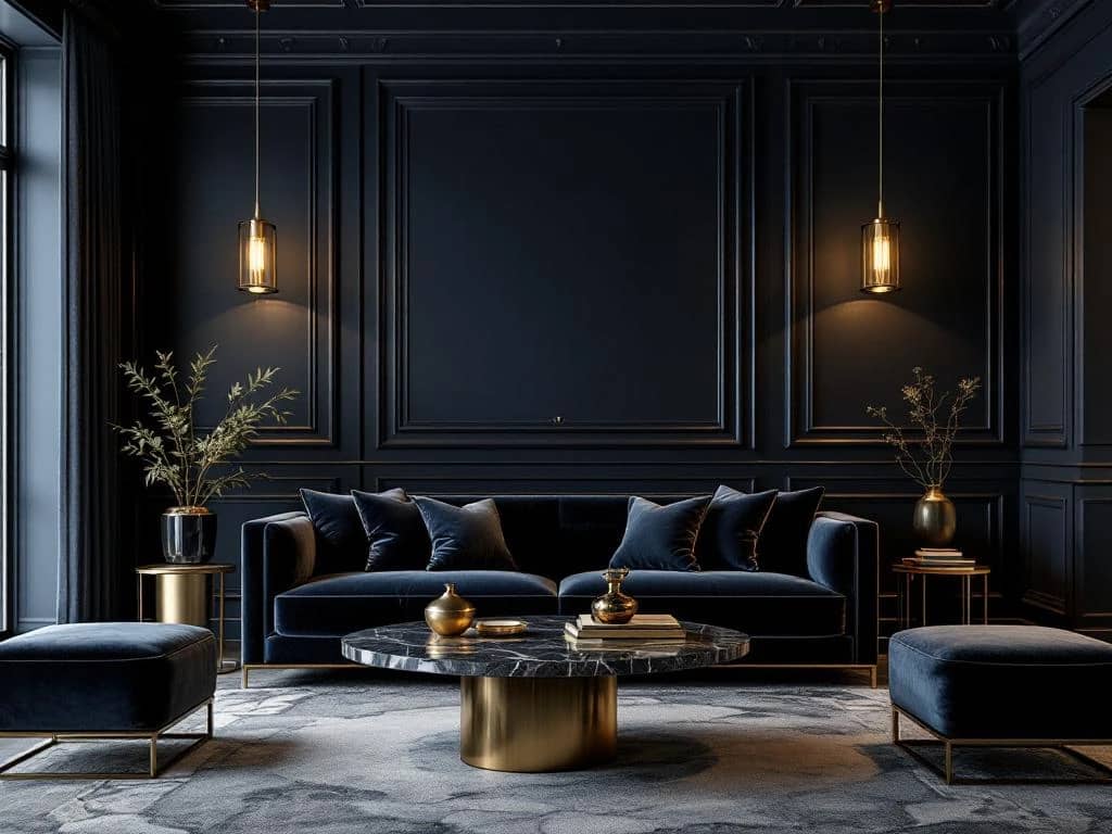 Luxe donkere woonkamer met fluwelen meubilair, marmeren salontafel en warme verlichting in sophisticated interieur