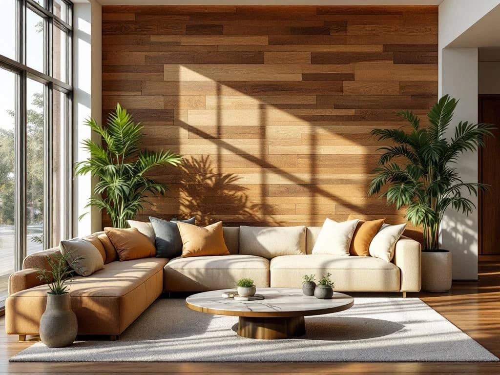 Luxe moderne woonkamer met gerecyclede marmeren salontafel, organische linnen bank en hergebruikt houten wandpaneel