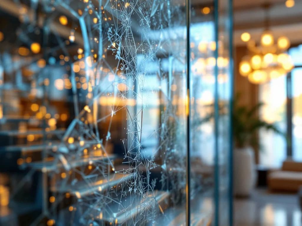 Luxe glazen trap met verlichte randen en geëtste panelen in moderne interieur met prismatische lichtreflecties