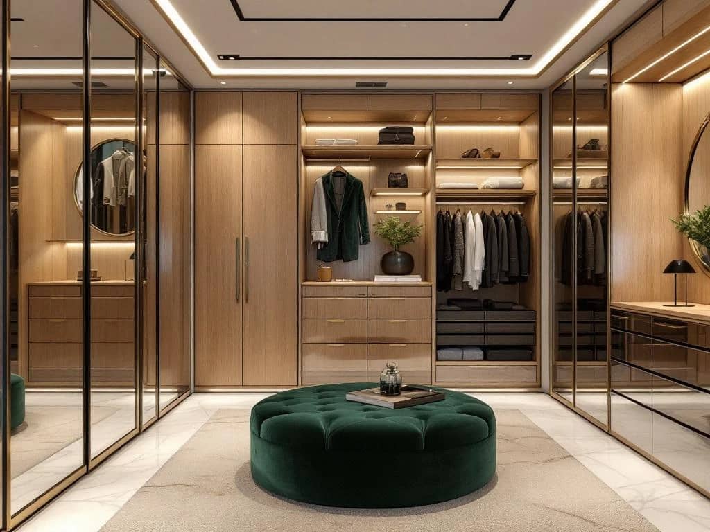 Luxe inloopkast met ingebouwde kasten, LED-verlichting, fluwelen ottoman en marmeren oppervlakken in neutrale tinten