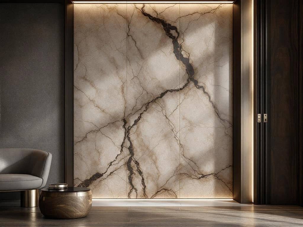 Luxe interieur 2026 met natuursteen wandpaneel, brons accenten en organische texturen in warme champagne en grijstinten