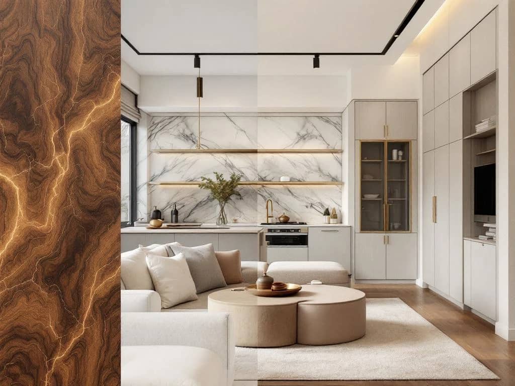 Split-screen van luxe interieurmaterialen met walnoothout en marmer links, moderne woonruimte met neutrale tinten rechts