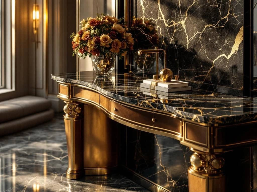 Luxe consoletafel met marmer en gouden aders, messing armaturen en warm licht in elegante interieur