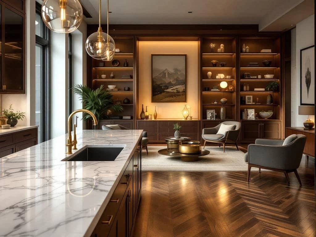 Luxe interieur met marmeren kookeiland, hardhouten vloeren en mid-century modern meubilair in warme neutrale tinten
