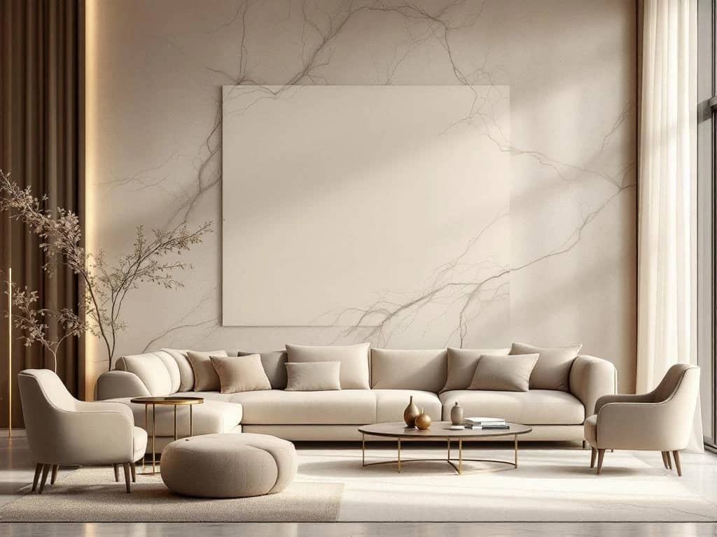 Luxueuze interieur met neutrale tinten in beige, taupe en grijs, met zijdematte afwerkingen en metallieke accenten