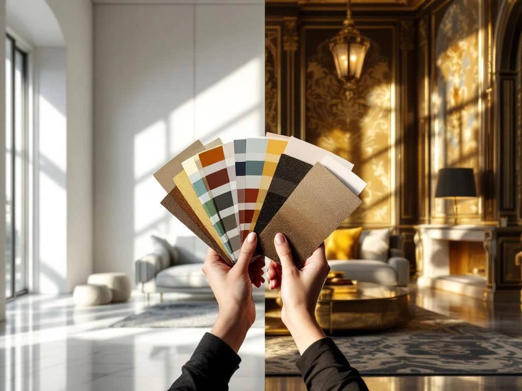 Handen met kleurstalen tussen minimalistische en maximalistische luxe interieurontwerpen in gesplitst scherm