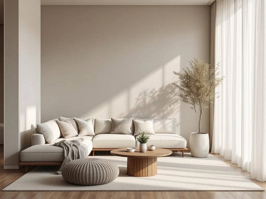 Elegante woonkamer met warme walnoothout, crème natuursteen en neutrale linnen textiel in ivoor en taupe tinten.