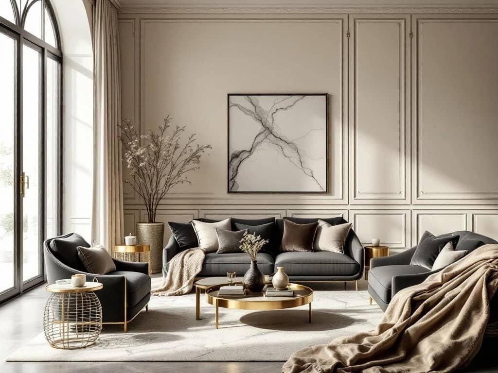 Luxe woonkamer met crème muren, donkergrijze meubels, gouden accenten en fluwelen textiel in neutrale tinten