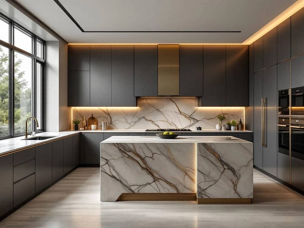 Luxe keuken 2026 met marmeren waterval-eiland, handleloze kasten in antraciet en messing accenten