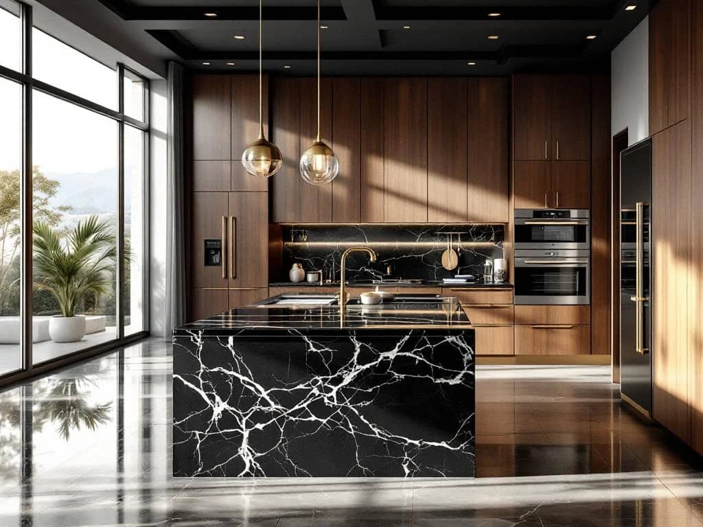 Luxe keuken met zwart marmeren werkbladen, walnotenhout kasten, messing hardware en slimme apparaten met natuurlijk licht